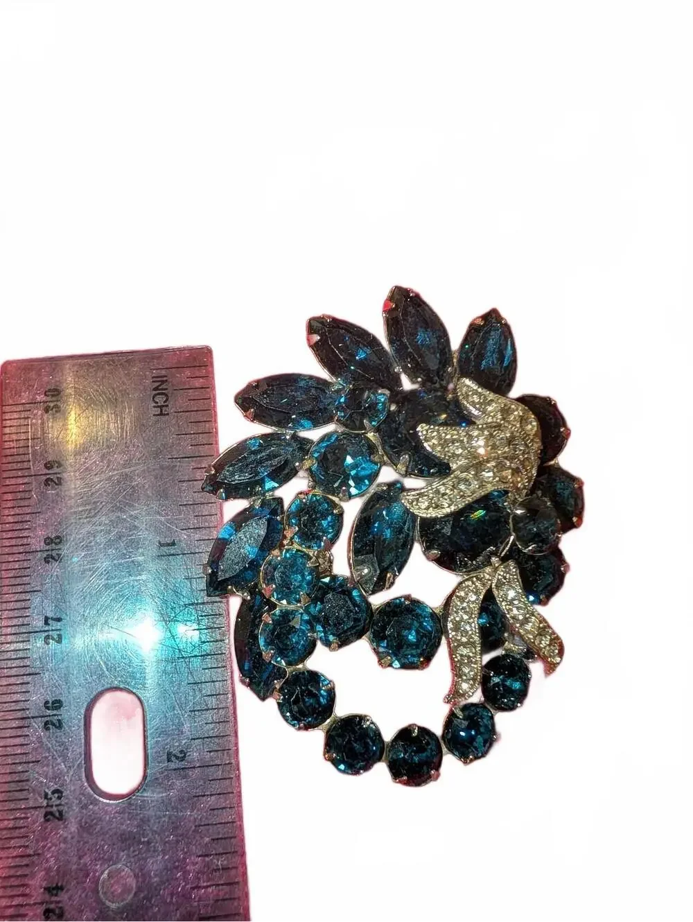 Vintage Eisenberg Blue Rhinestone and Clear Crystal Bow Brooch Pin